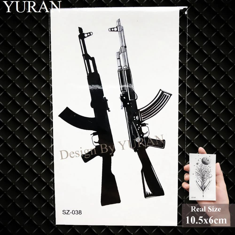 YURAN noir fusil pistolet temporaire tatouage autocollants femmes Sniper étanche Tatoo AK AKM M4 sol