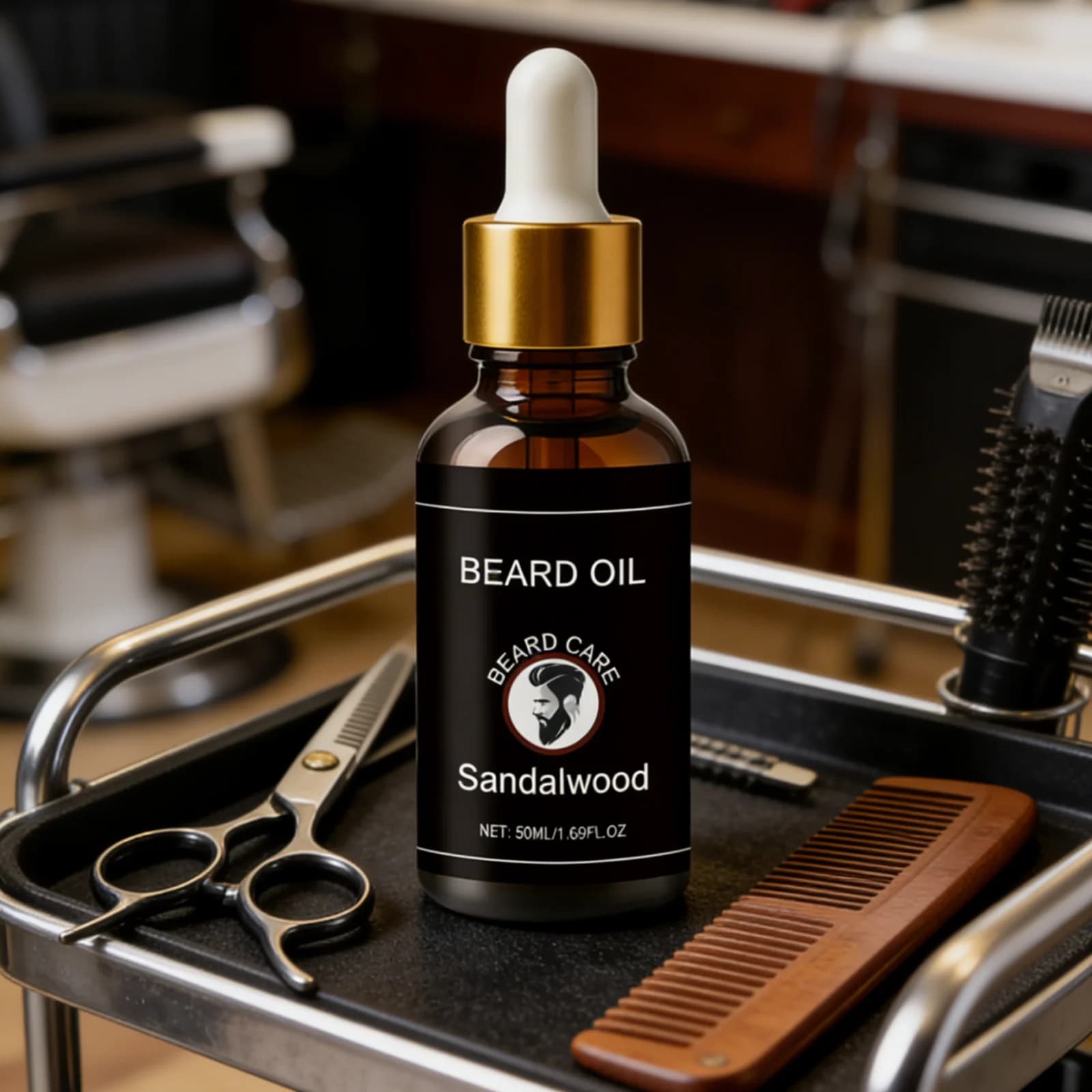Huile à barbe au bois de santal pour homme – Brillance, adoucissement, nutrition, renforcement des f