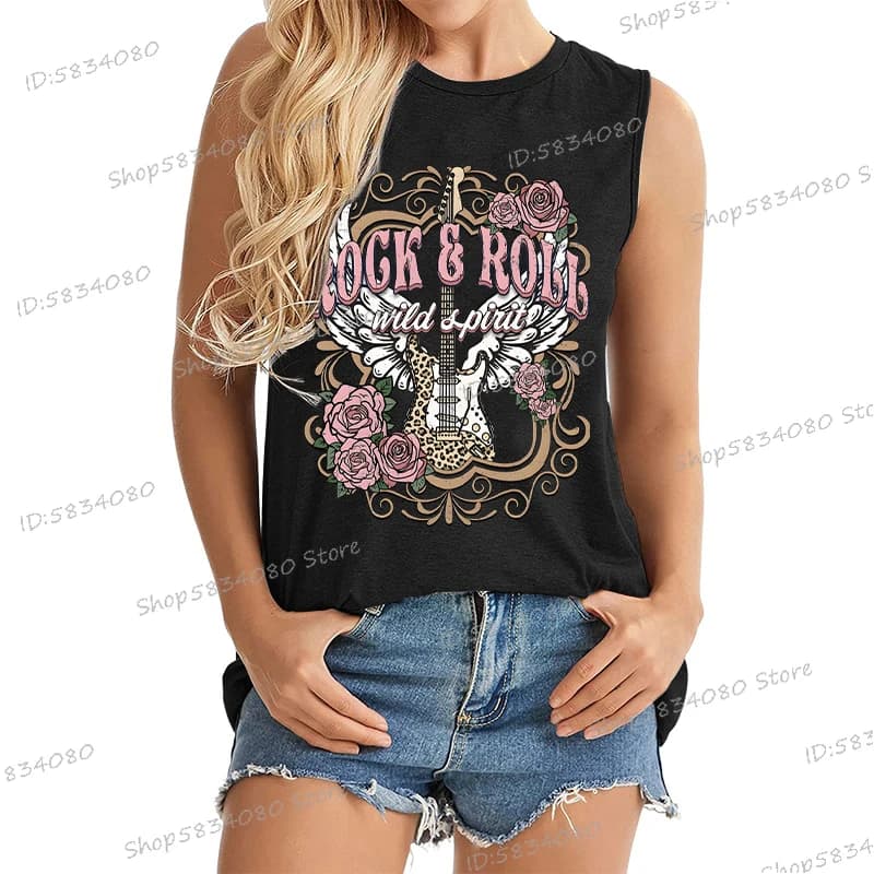 Rock Roll Wild T-shirts Style Vintage Rose guitare chemise nouvelle mode d'été col rond t-shirt mélo
