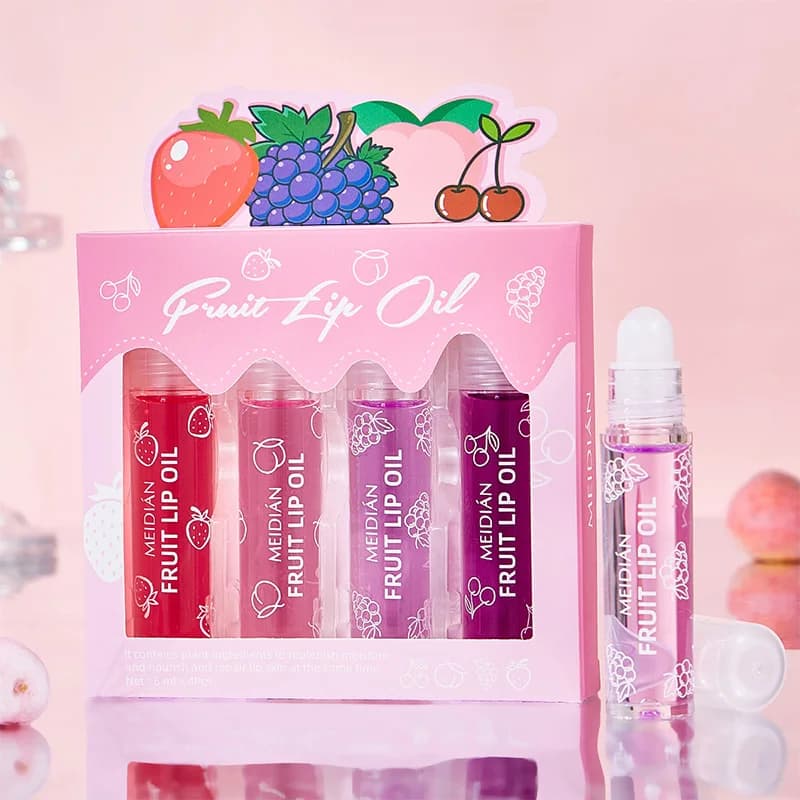 Ensemble de quatre huiles à lèvres à bille roulante, lotion hydratante, huile à lèvres à bille roula