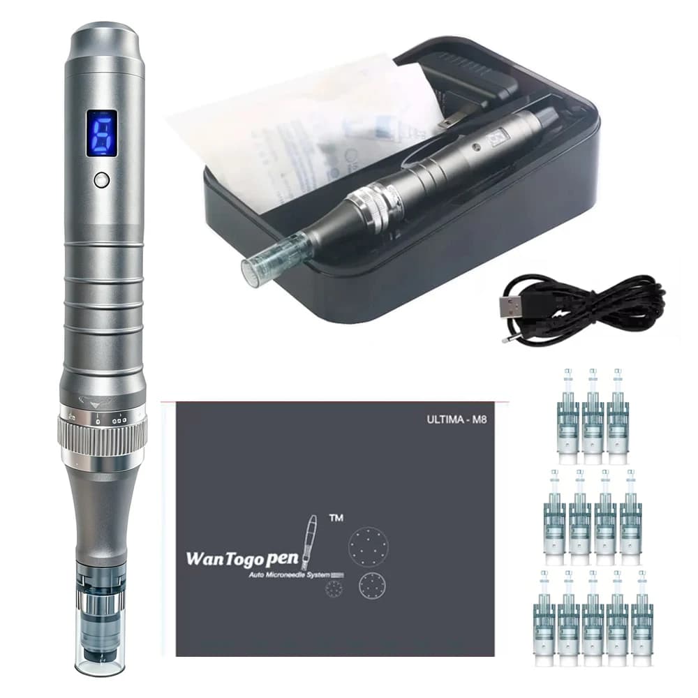 DermaPen avec 12 cartouches pour usage domestique - Stylo Derma Roller 0,25 mm pour femmes et hommes