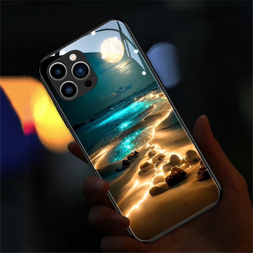 Coque de téléphone en verre trempé lumineux LED Pretty Galaxy Beach pour Samsung S26 S25 S24 S23 S22