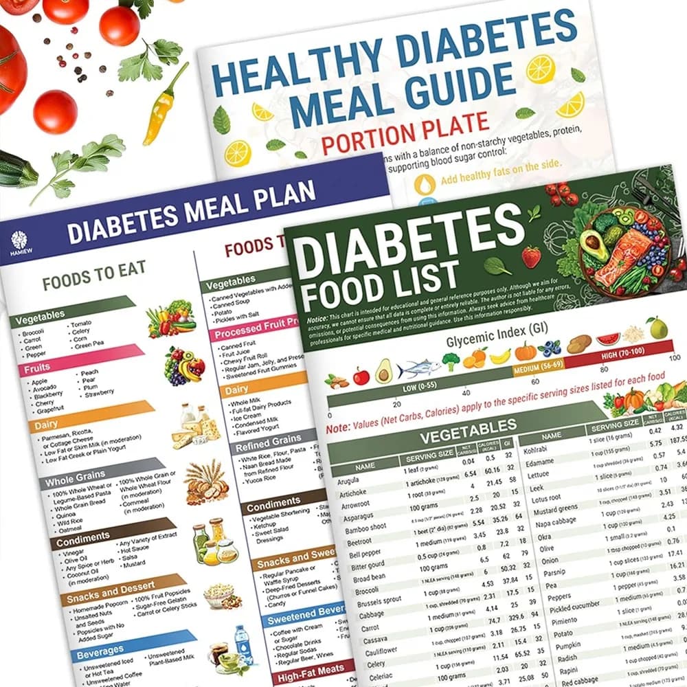 Liste des aliments pour le diabète, 3 pièces, tableau des aliments pour diabétiques, Brochure, table