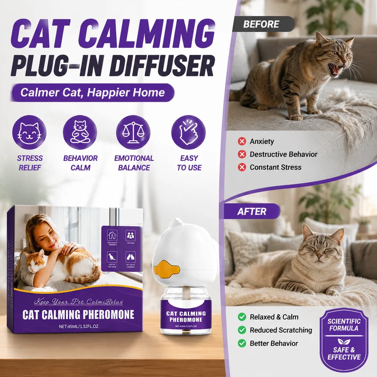 Diffuseur de phéromones apaisantes pour chat, à brancher, réduit le stress, la peur, l'anxiété de sé