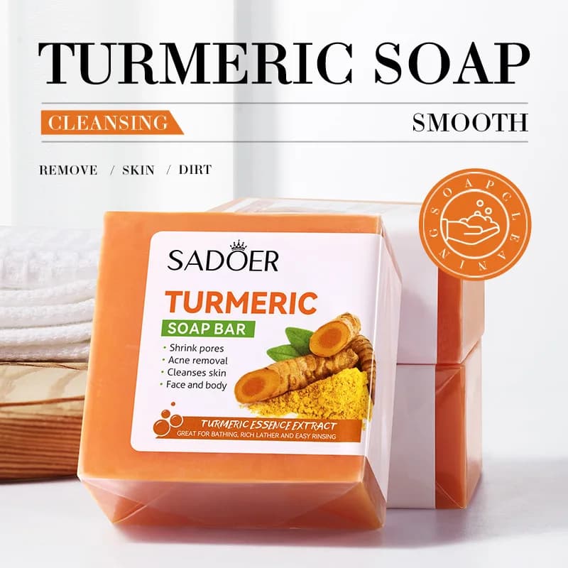 SADOER savon aux huiles essentielles de curcuma pour le bain hydratant et soulagement de la peau sèc
