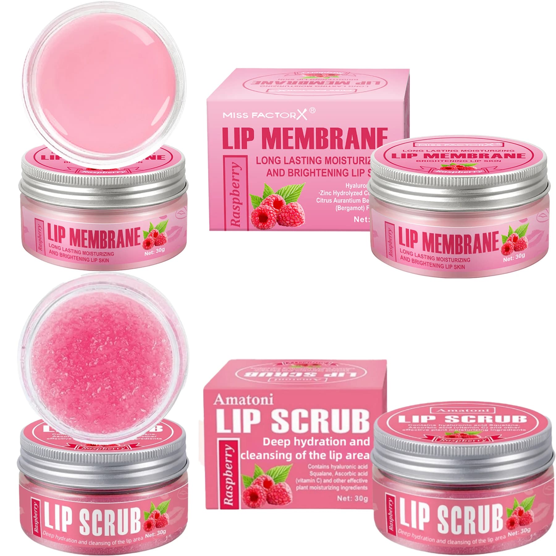 Ensemble de soins pour les lèvres, 2 pièces, gommage pour les lèvres aux framboises, 30g, nettoyage 