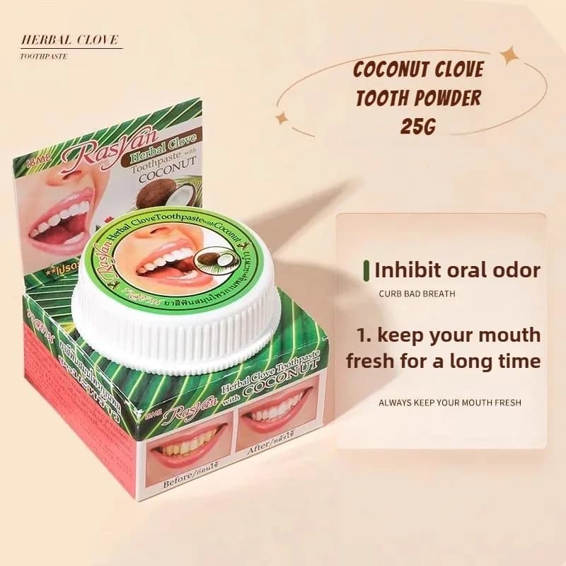 Ensemble dentifrice et poudre dentaire Rasyan de Thaïlande, clou de girofle et huile de coco, élimin