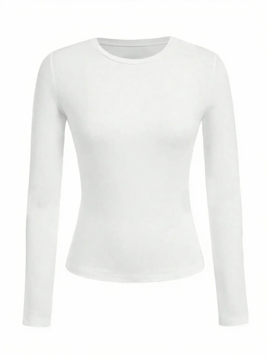 T-shirt femme manches longues couleur unie - Tissu tricoté polyester, col rond, coupe régulière, sty