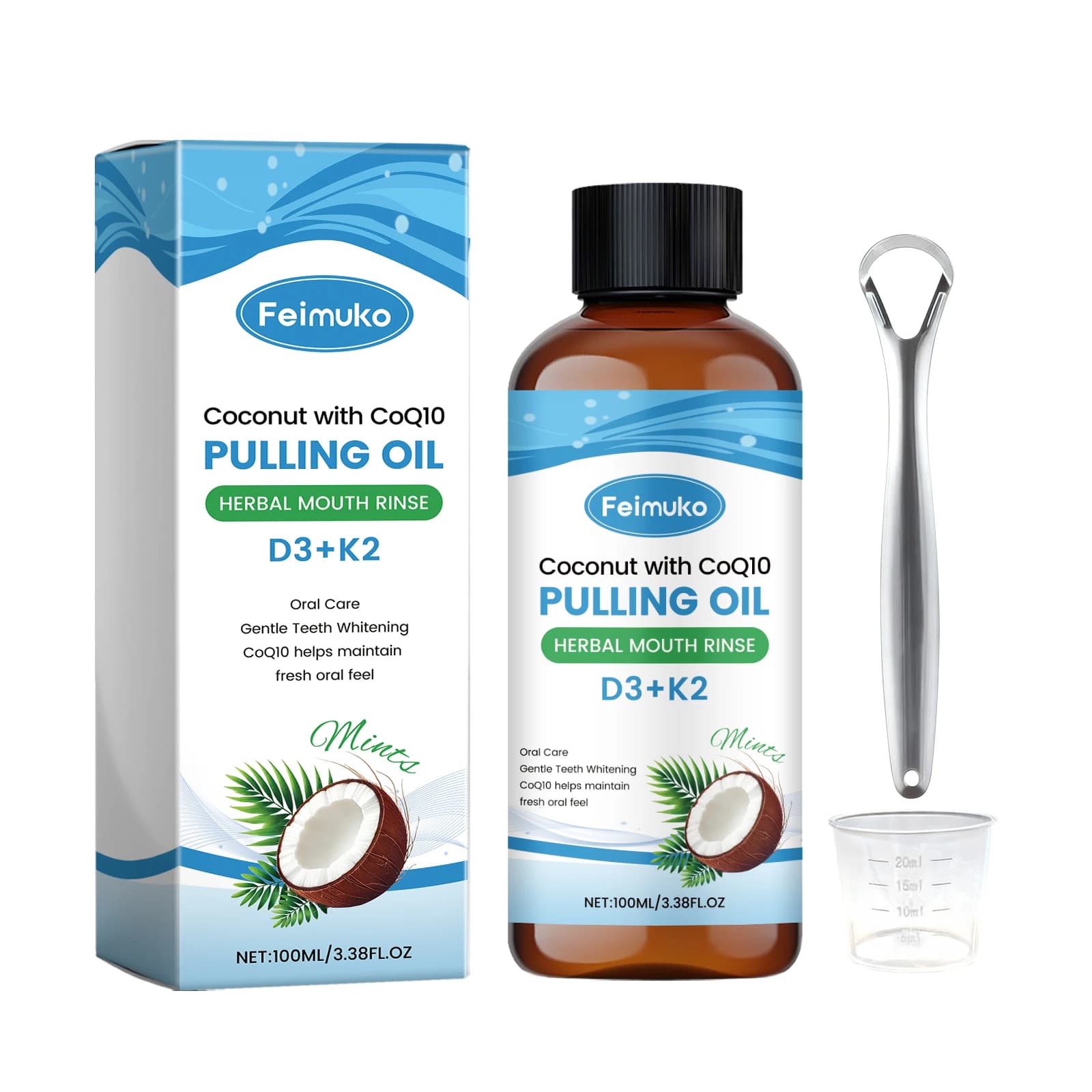 Kit de Bain de Bouche à l'Huile de Coco avec Grattoir à Langue, Tasse à Mesurer, Blanchiment Doux, H