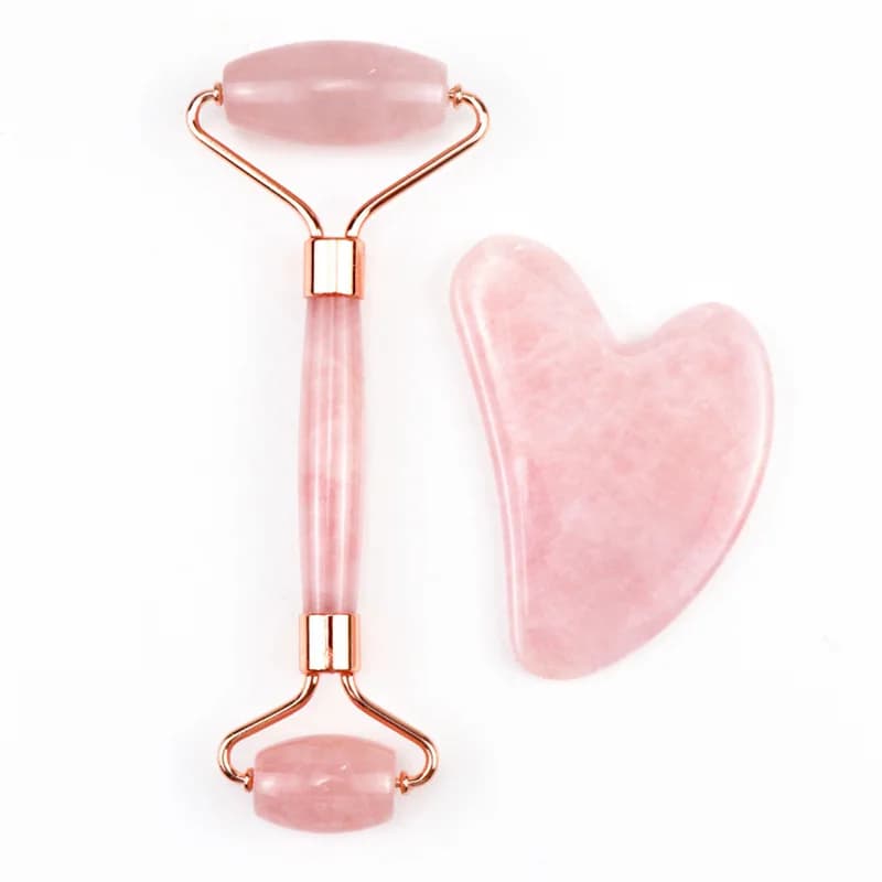 Rouleau de massage en quartz rose et jade + grattoir Gua Sha en pierre naturelle, masseur de cou, do