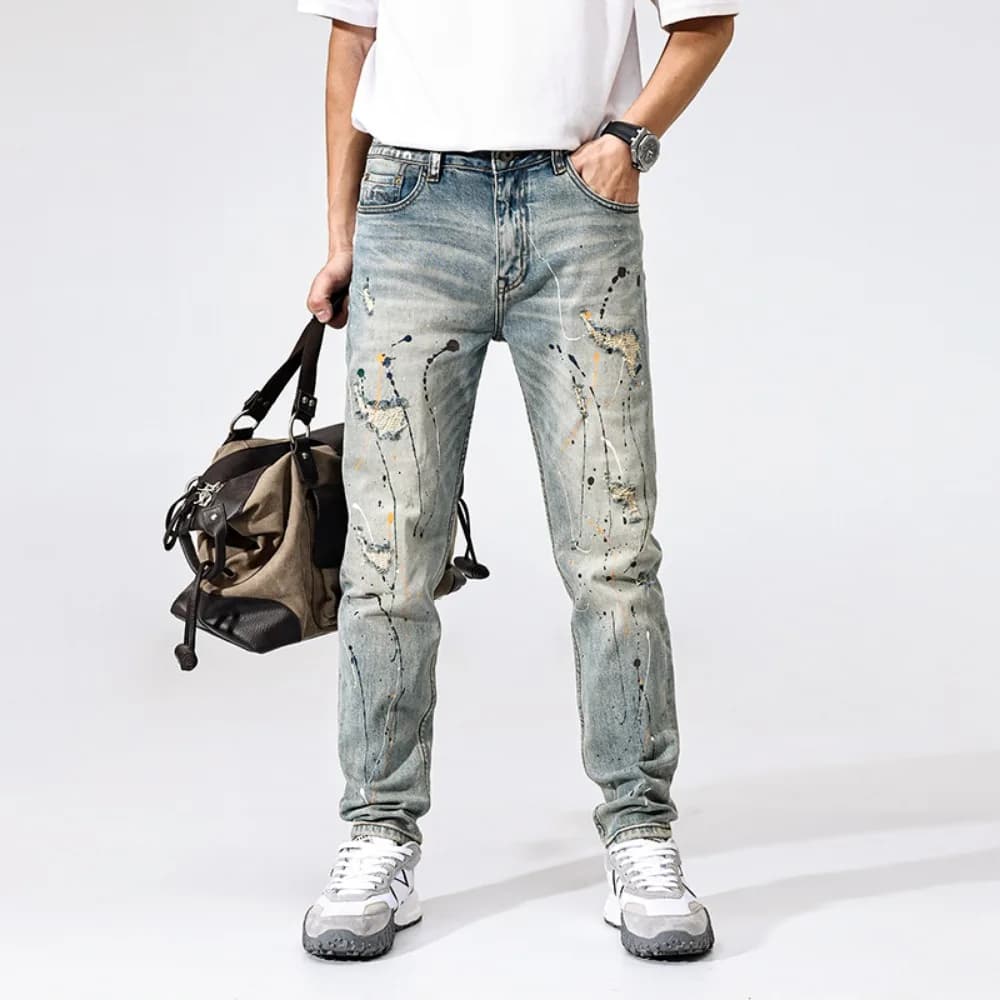Jean droit Slim pour hommes, nouveau pantalon slim déchiré de style américain délavé à l'encre délav