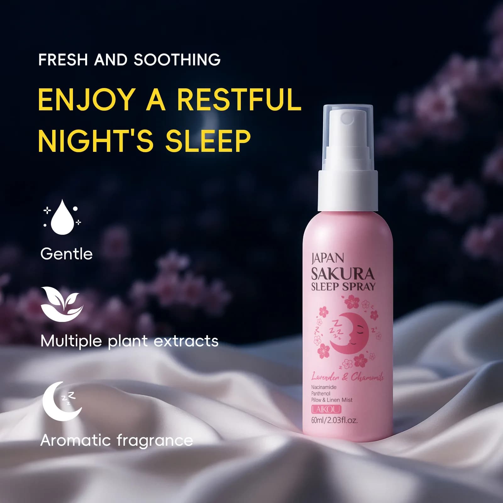 Spray d'oreiller à la fleur de cerisier 60 ml, format voyage, brume apaisante et relaxante pour le s