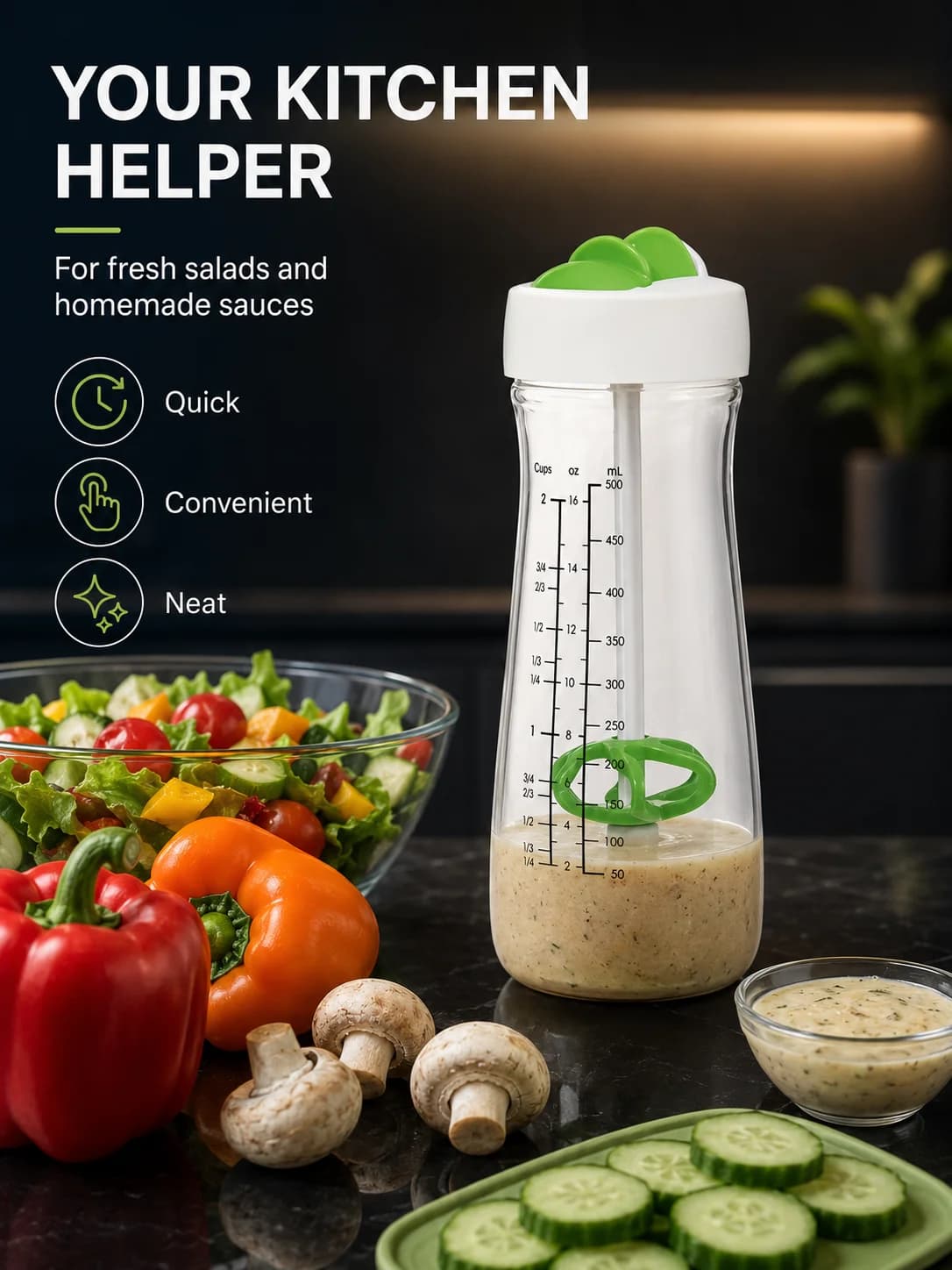 Bouteille shaker pour vinaigrette avec échelle graduée, en ABS, mélangeur manuel, ne convient pas au
