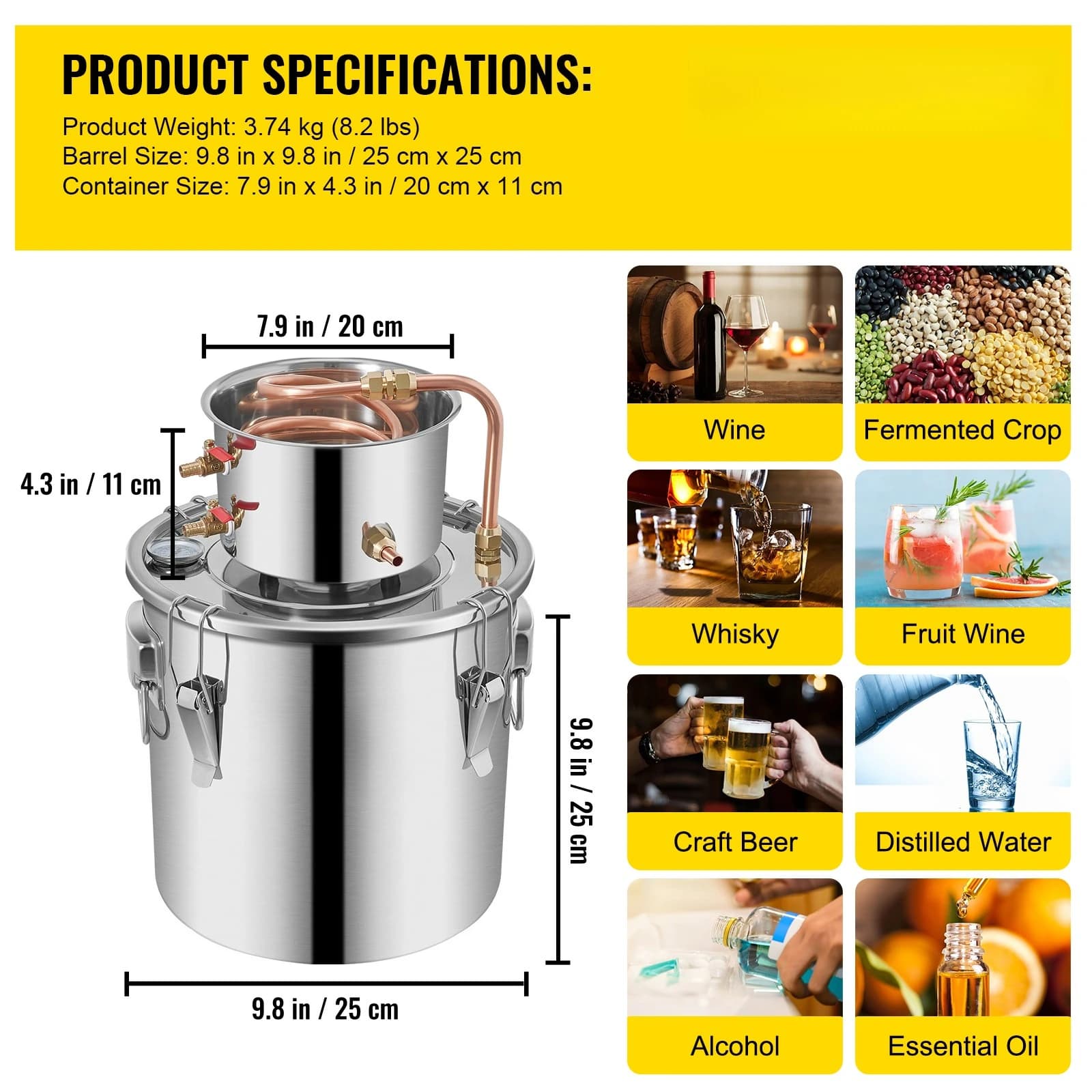 3 5 8 13 Gal distillateur alambique Moonshine alcool toujours acier inoxydable cuivre bricolage bras