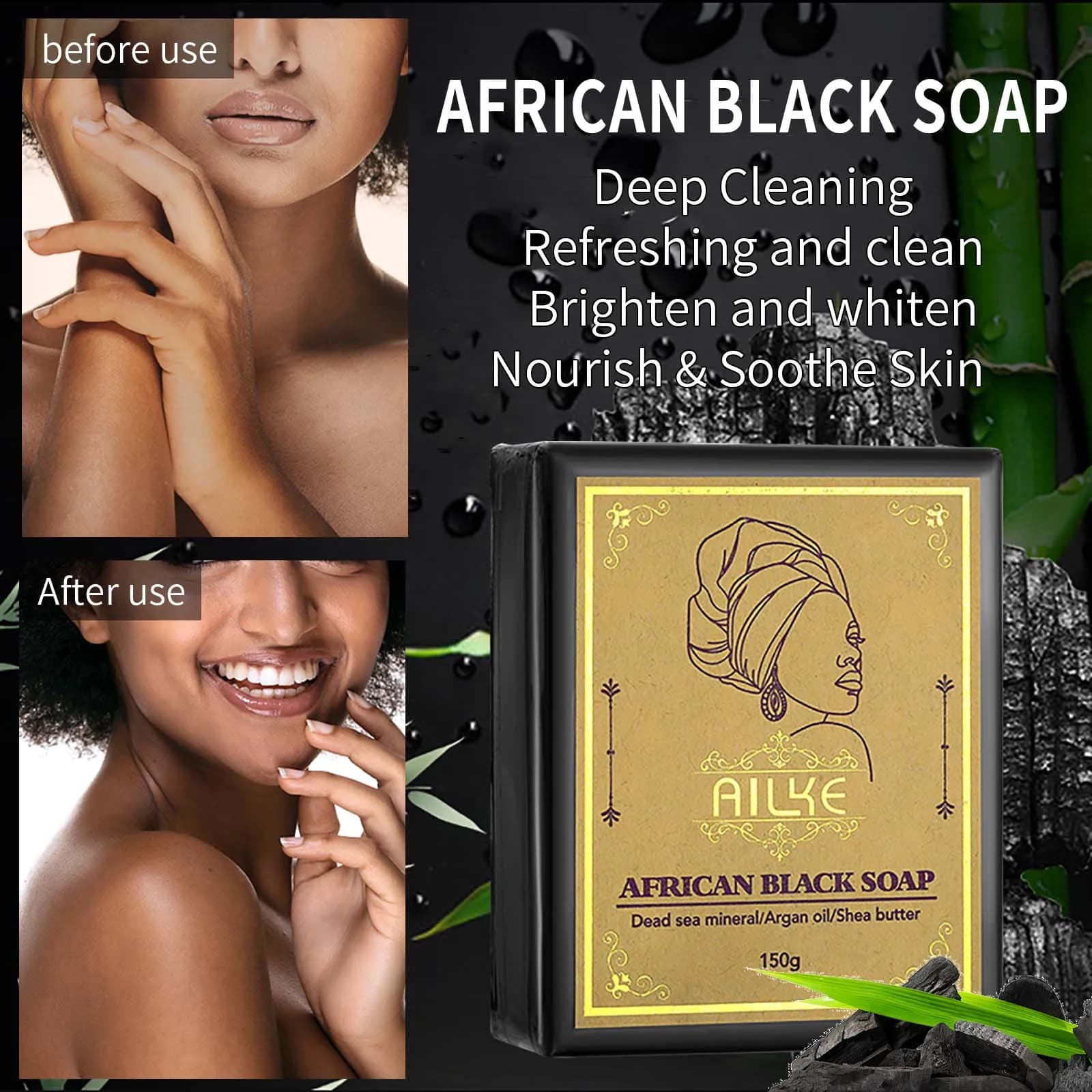 AILKE Savon noir naturel africain pour le visage et le corps, éclaircissant la peau, réduit l'acné, 