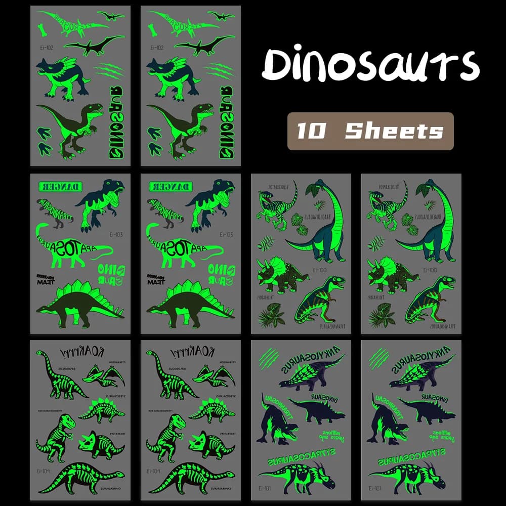 Tatouages temporaires De dinosaure lumineux, 10 feuilles, imperméables, brillent dans la nuit, t-rex