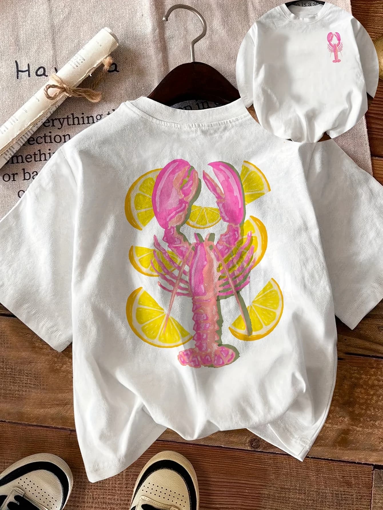 T-shirt à manches courtes pour femmes, motif homard et tranches de citron, haut d'été, vêtements de 