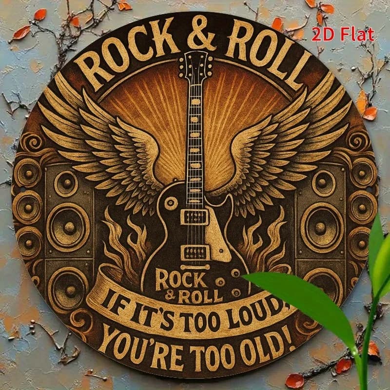 Retro Rock & Roll : Si c'est trop fort, tu es trop vieux ! Panneau en métal rond avec motif de guita