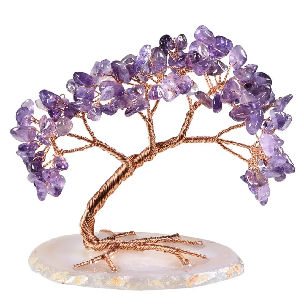 Arbre en cristal naturel avec base en tranche d'agate, fil enroulé, puce roulée, charbon, arbre port