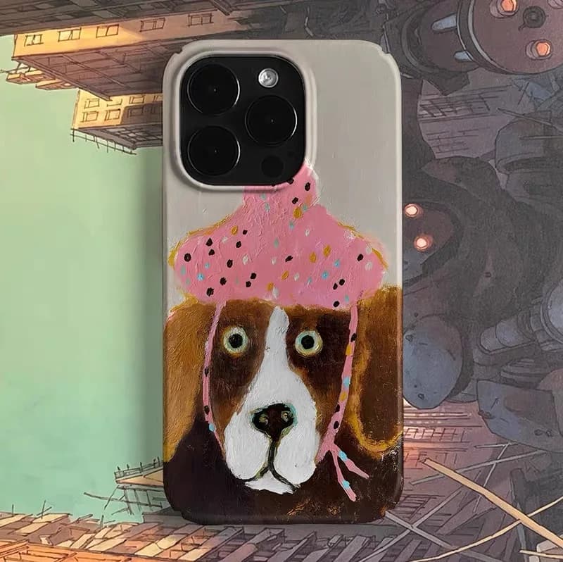 Coque de téléphone en acrylique avec peinture à l'huile d'un chiot à chapeau rose pour IPHONE 17Air 