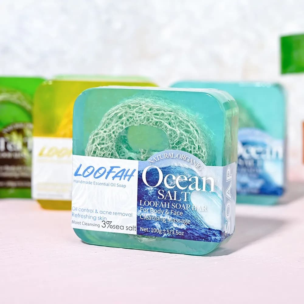 Savon d'huile essentielle de bain de nettoyage en profondeur de sel de mer de luffa, mousse riche et