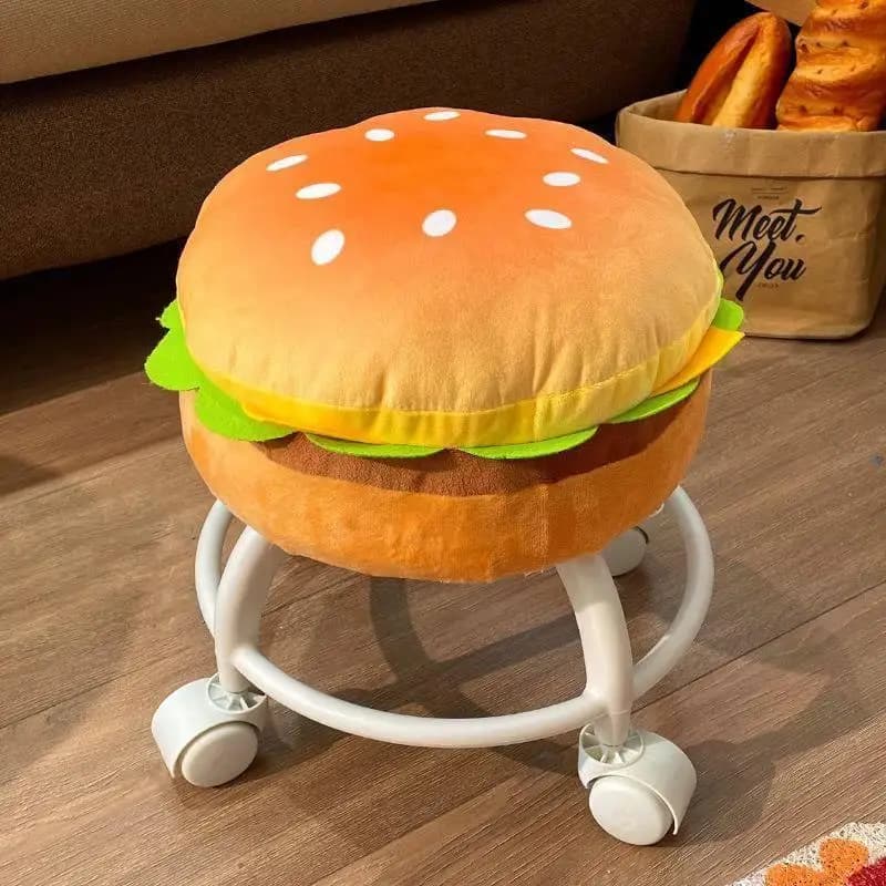 Tabouret roulant en forme de hamburger, chaise pivotante rembourrée et moelleuse avec roulettes, mob
