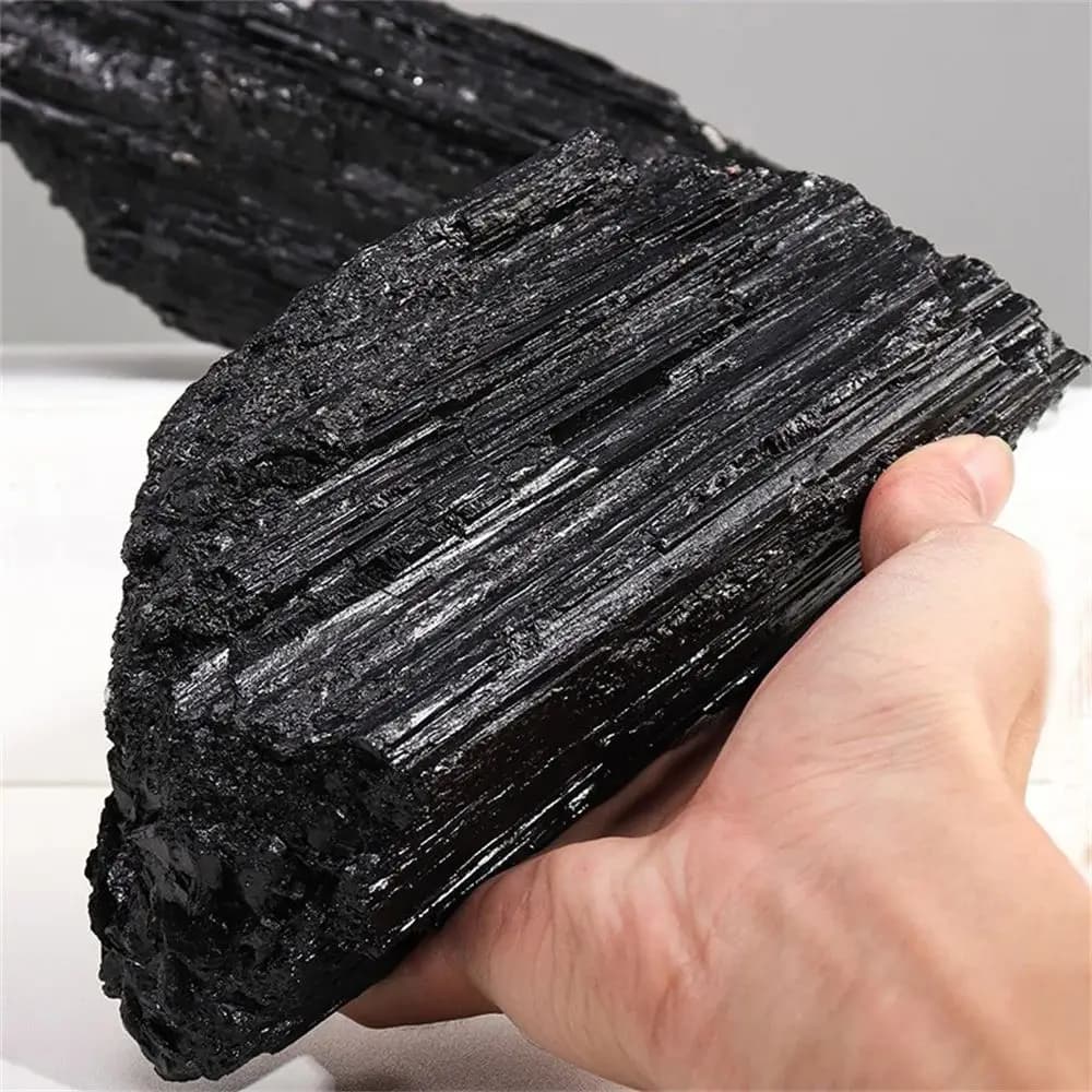 Spécimen de colonne de cristal de quartz naturel, Tourmaline noire, Charbon brut, Guérison Reiki, So