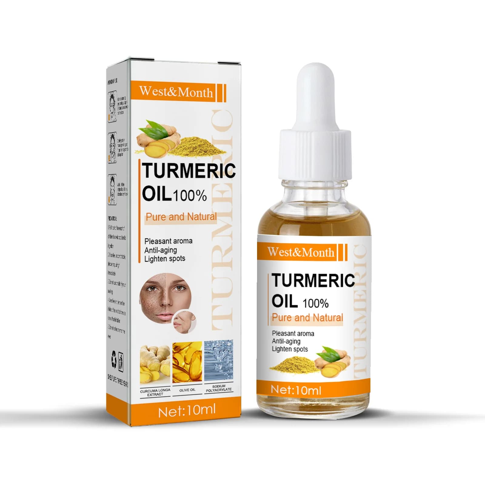 Huile d'essence de curcuma, raffermissante, estompe les ridules, éclaircit le teint de la peau, élim