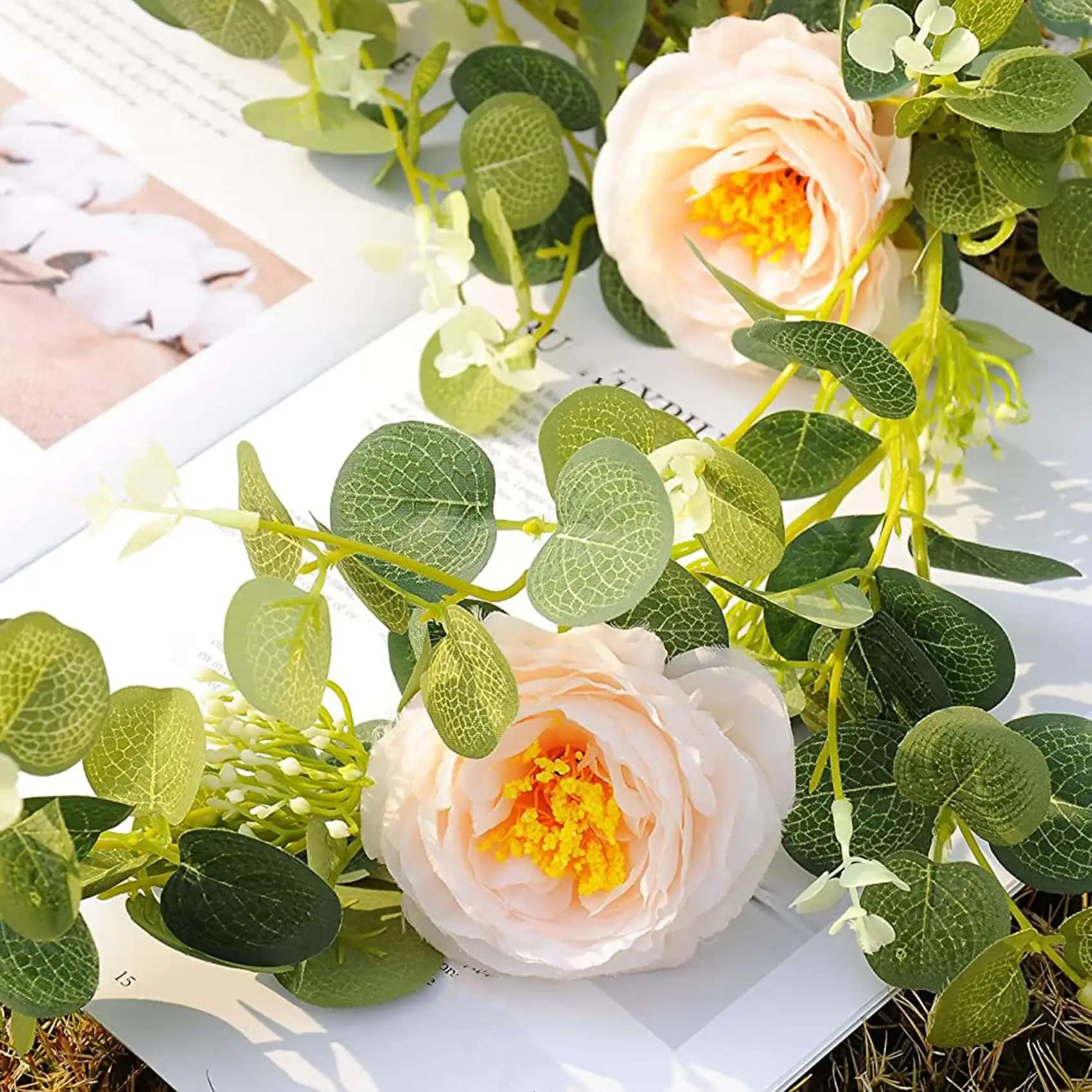 Guirlande d'eucalyptus avec Rose Champagne, guirlande de verdure en vrac, feuilles d'eucalyptus flor