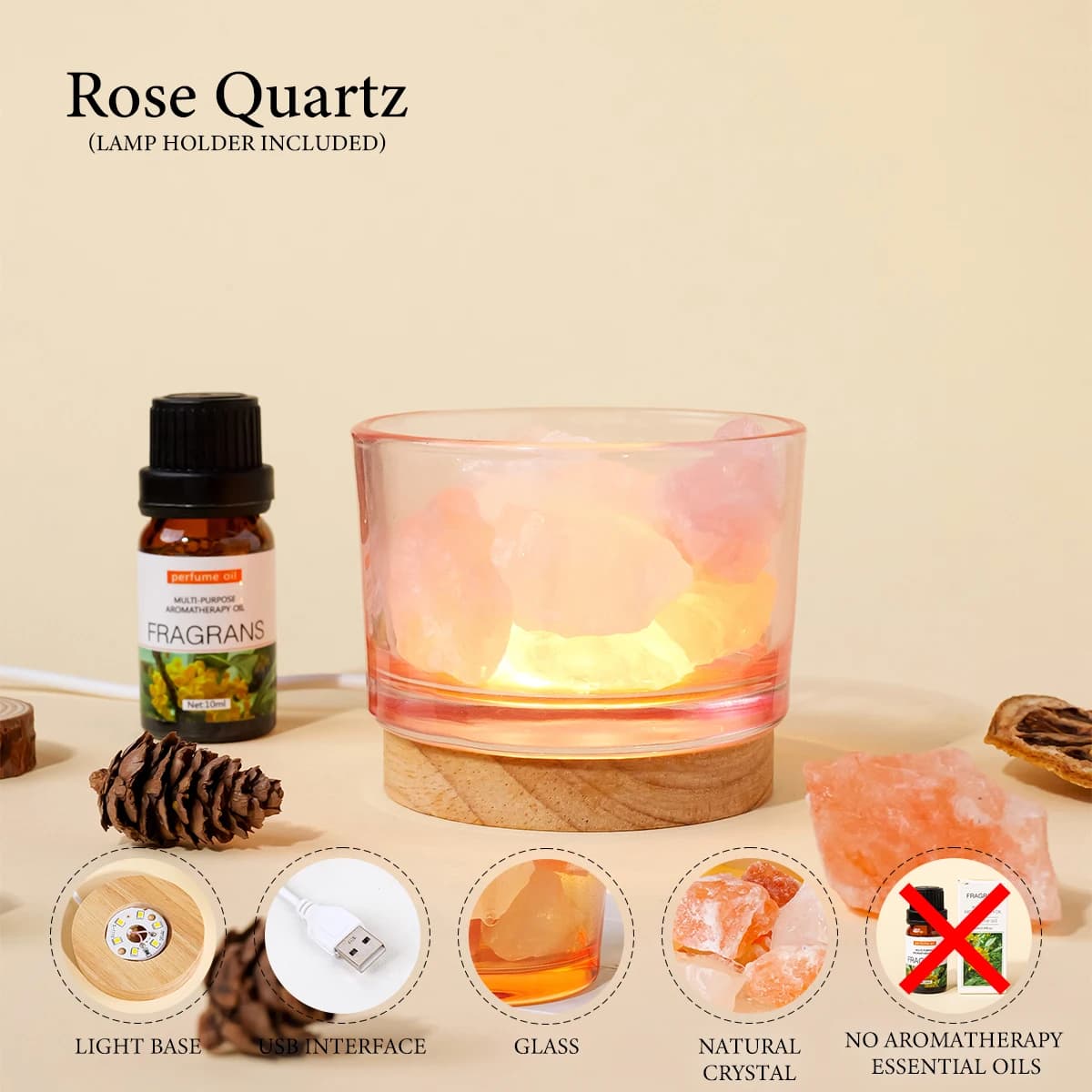 Lampe décorative en cristal brut, pierre brute, minéraux d'aromathérapie, Quartz Rose, encens parfum
