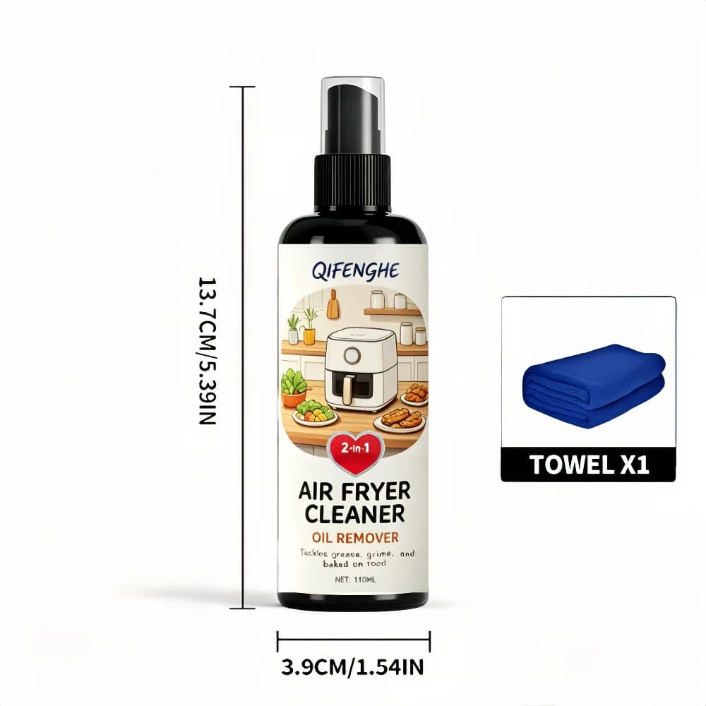 QIFENGHE 110ML Spray Nettoyant pour Friteuse à Air avec Serviette, Dégraissant 2-en-1, Élimine Grais