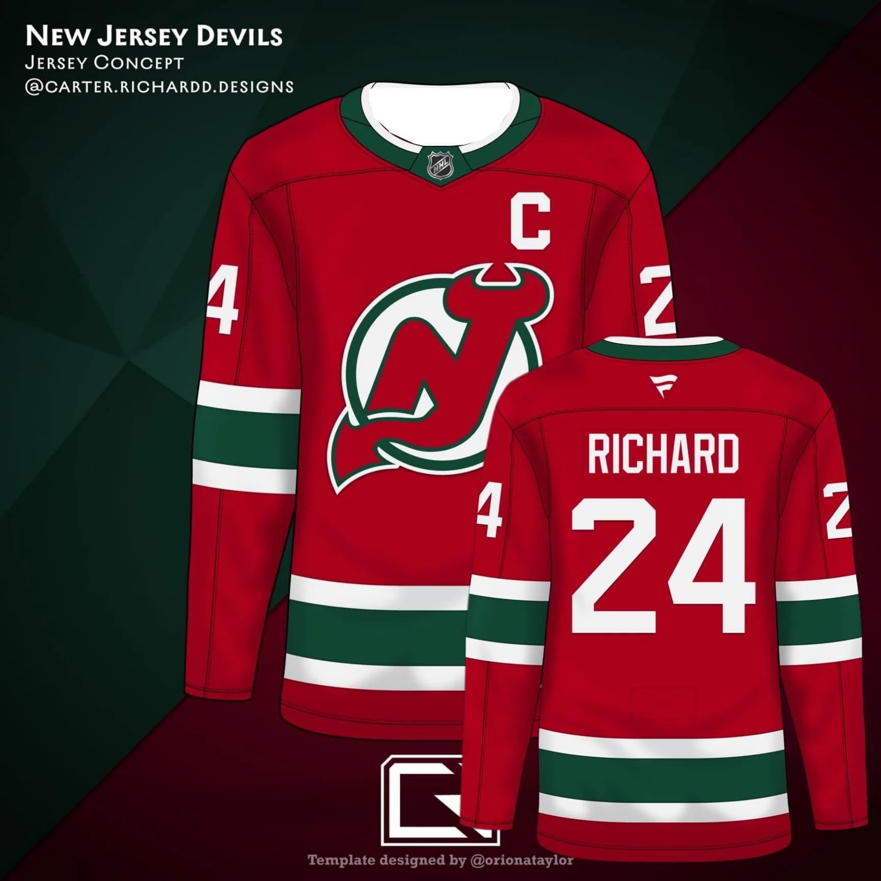 Maillot de hockey conceptuel des Devils du New Jersey, rouge avec rayures vertes/blanches # 24 Richa
