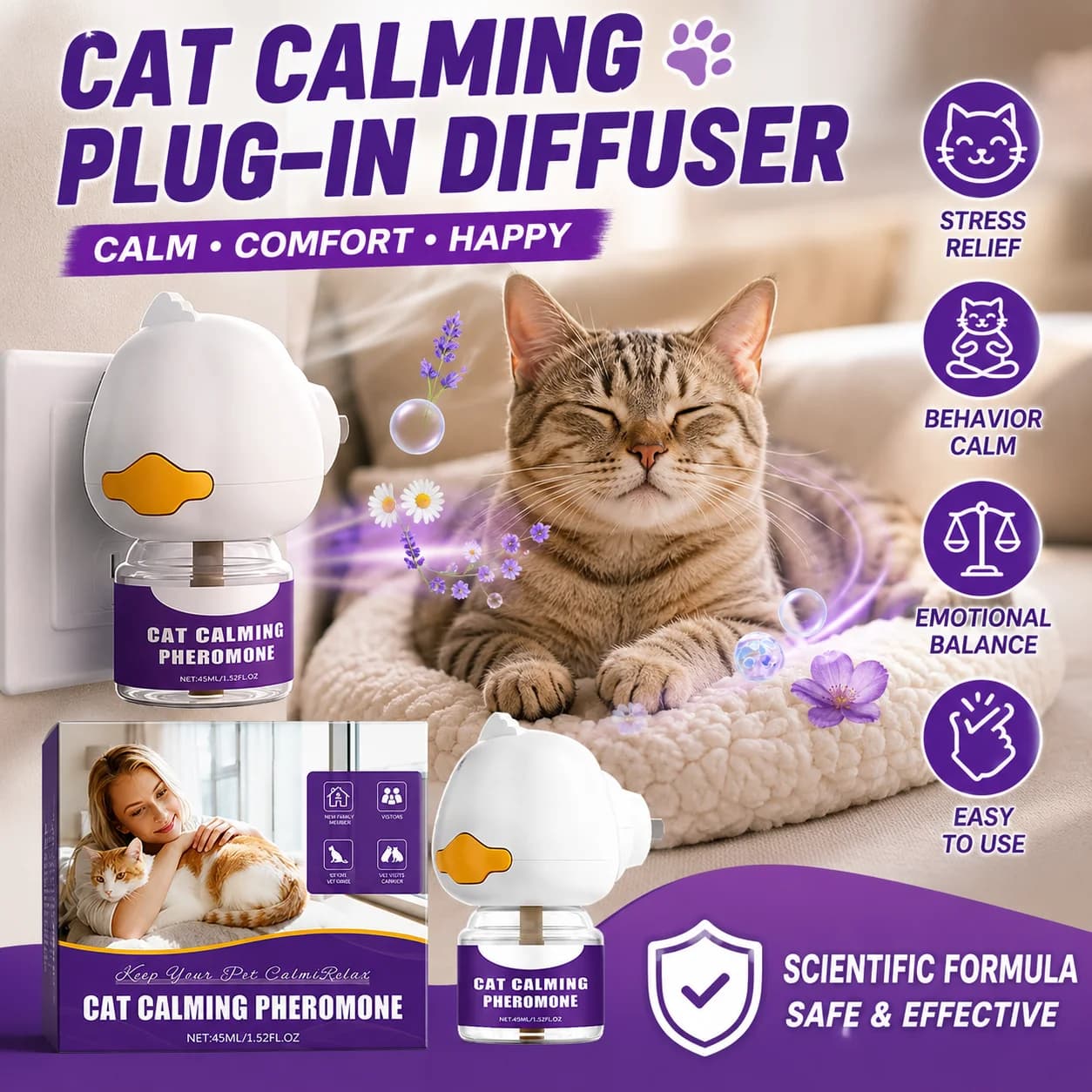 Diffuseur de phéromones apaisantes pour chat de 45 ml, dispositif efficace pour apaiser, soulager l'