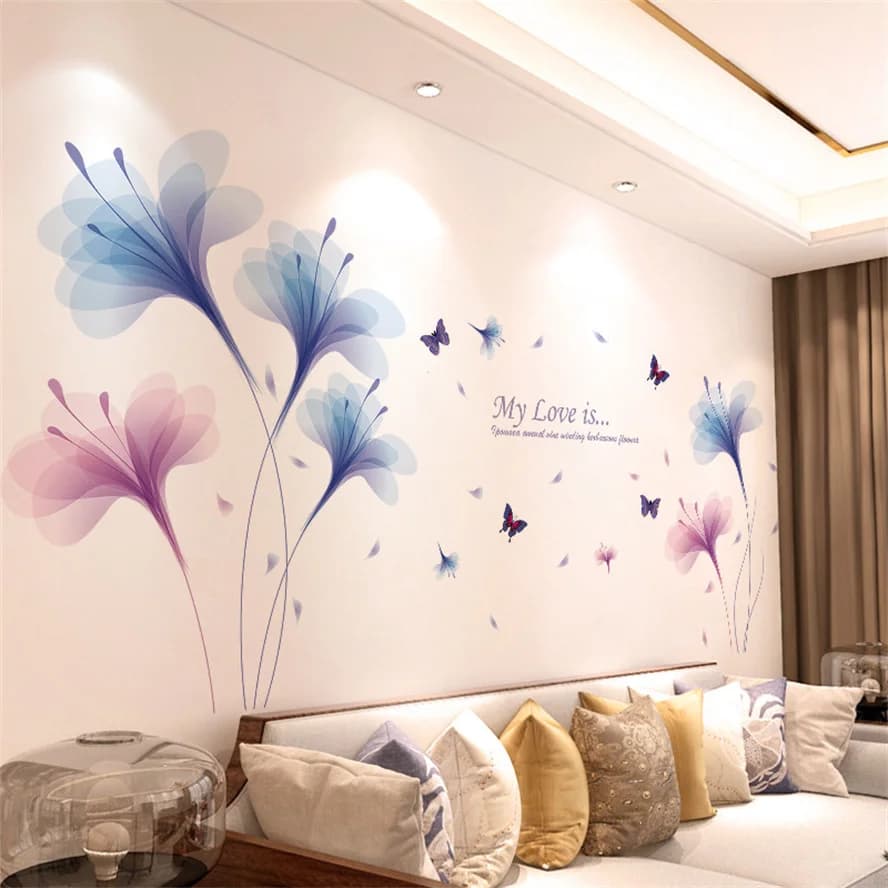 Autocollants muraux violets lavande pour salon, sparadrap muraux auto-adhésifs à fleurs et papillons