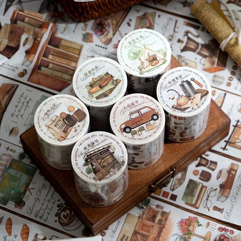 6Roll-up 5 cm × 200 cm, ensemble de rubans Washi sur le thème de la vie du café, avec motifs de la v