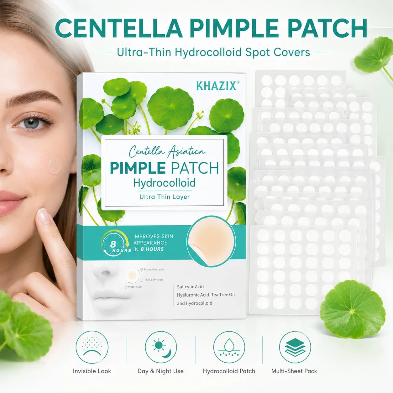 Pansements hydrocolloïdes à la Centella Asiatica pour l'acné et les imperfections, 12/24 pièces