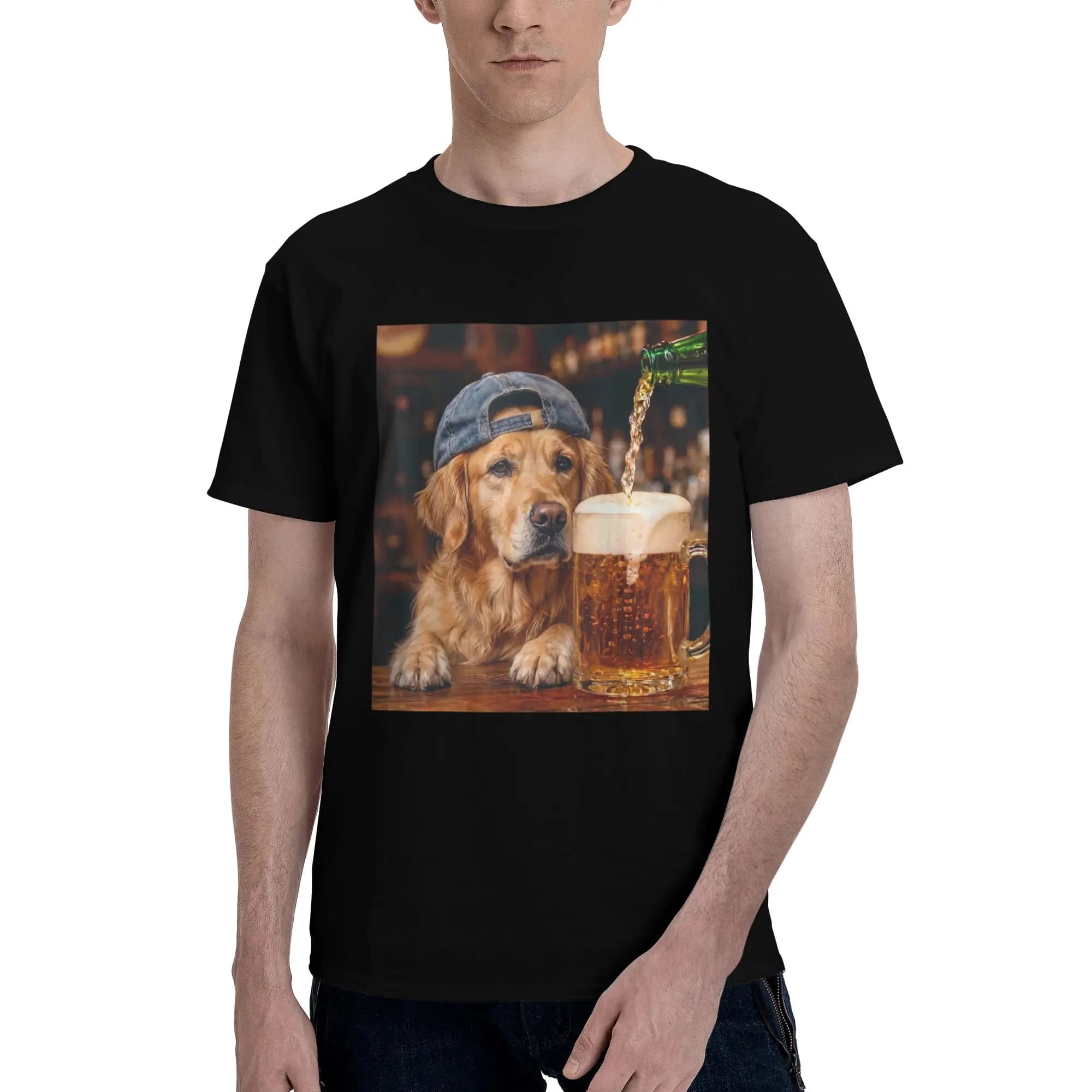 T-shirt en coton imprimé avec motif drôle de chien Border Collie buvant de la bière, pour hommes et 
