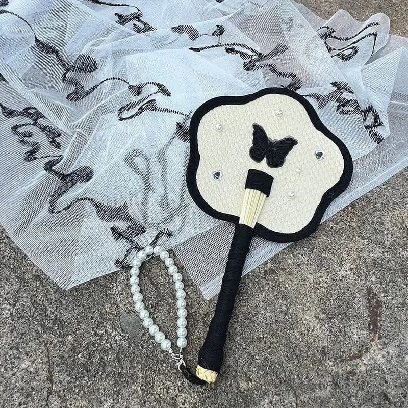 Éventail coloré à motifs floraux et papillons, tissé à la main avec dentelle – Éventail rétro d'été,