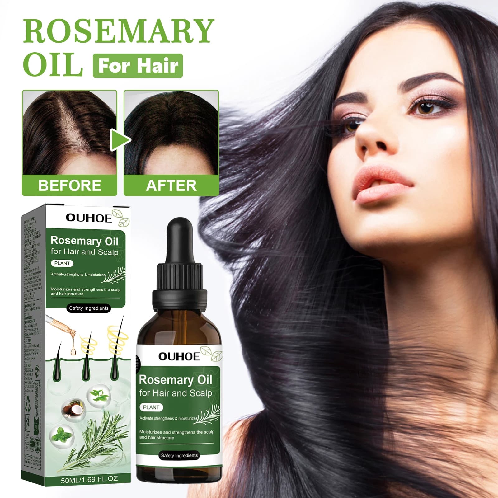 Huile de romarin pour cheveux 50ml traitement du cuir chevelu avec huile de noix de coco et de menth