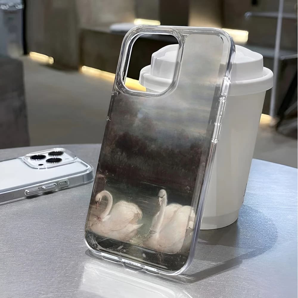 Coque souple en TPU flexible motif cygne peint à l'huile pour iPhone 12 15 11 13 17 Air 14 16 Pro Ma