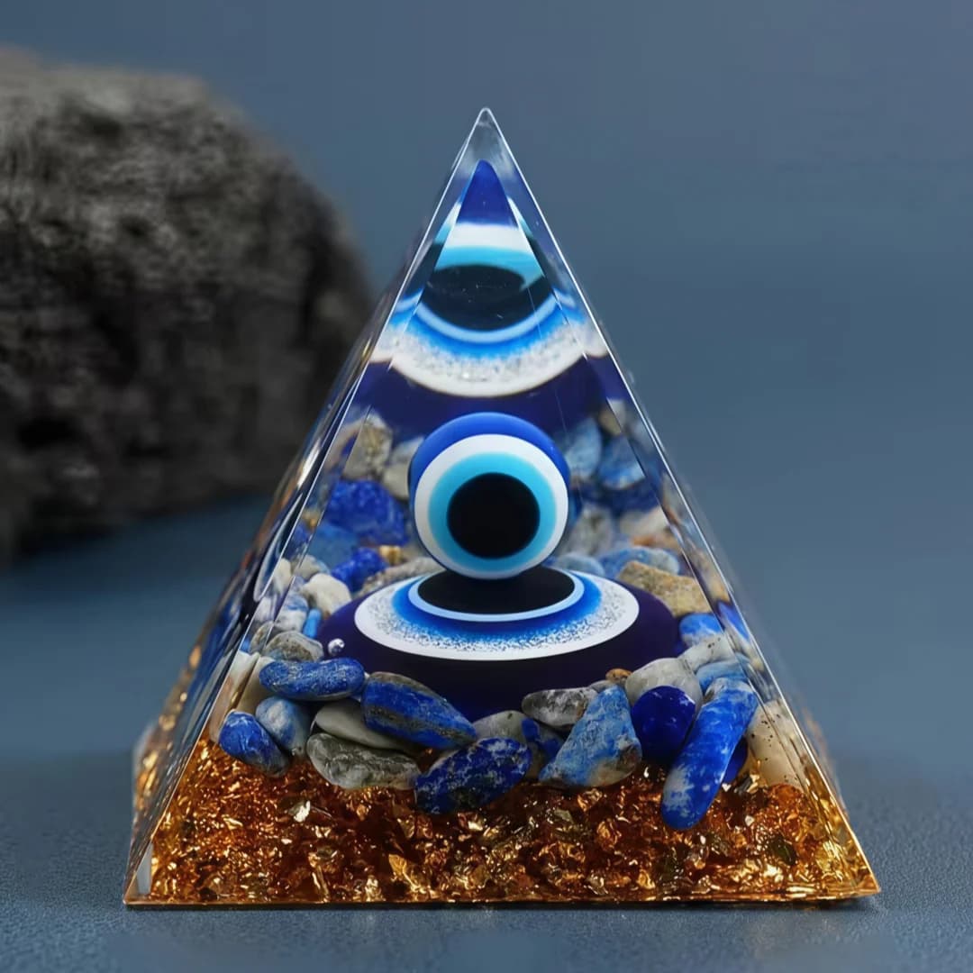 Pyramide d'orgone œil de l'ange en lapis-lazuli - Cristaux naturels et sphères de résine pour la déc
