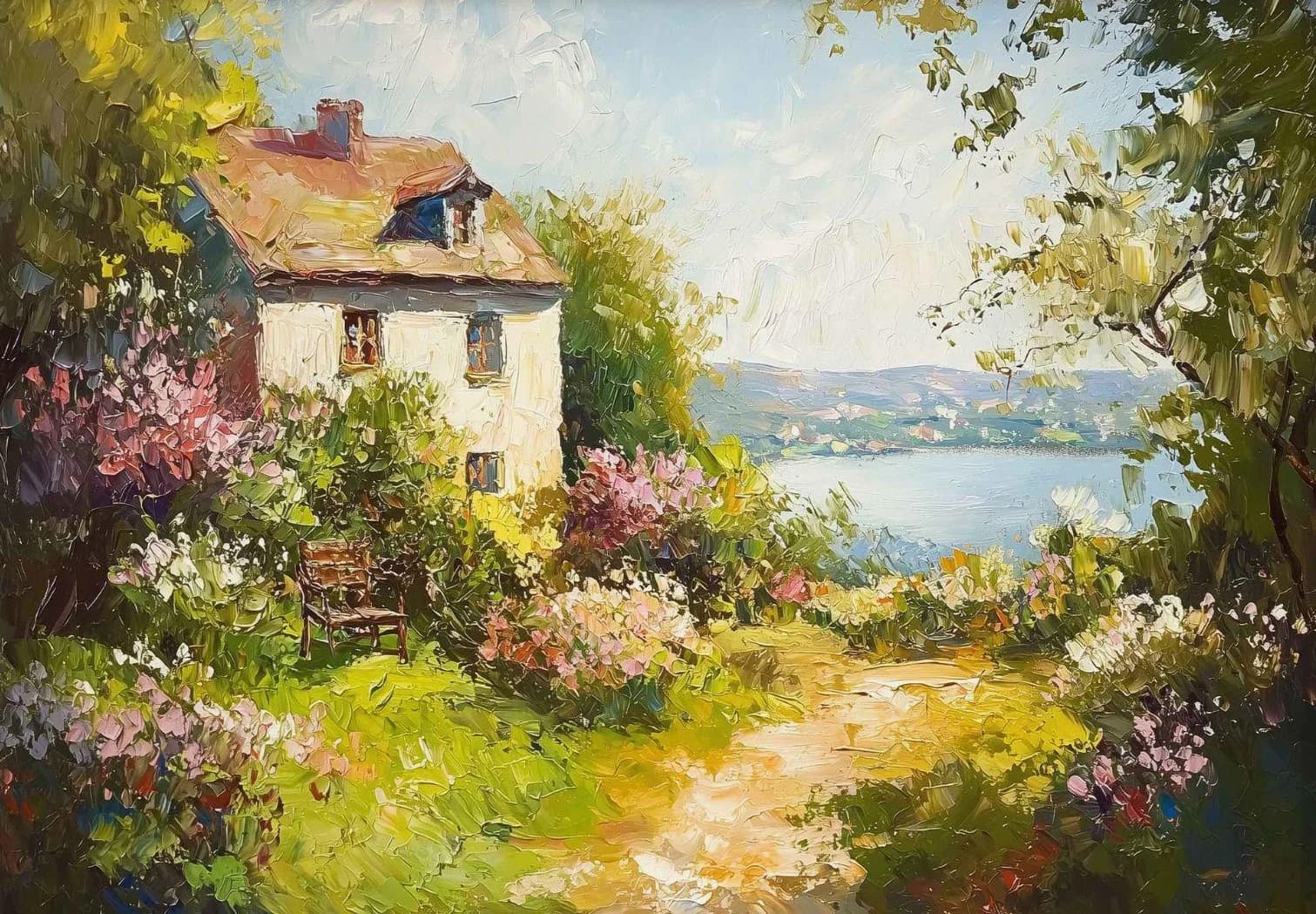 Paysage de pays d'été, chalet, rivière, jardin de roses, peinture à l'huile, affiche en toile imprim