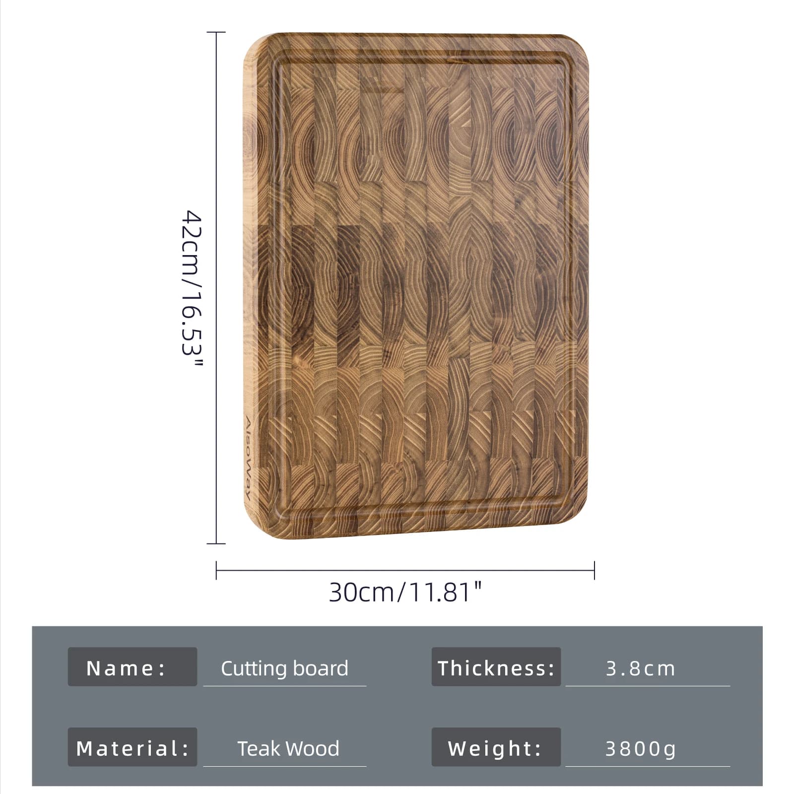 Planche à découper en teck de grain d'extrémité pour la cuisine, bois durable avec rainures de jus, 