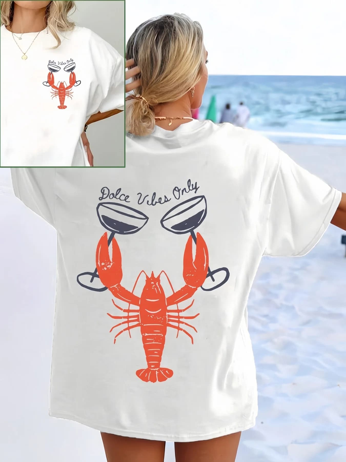 T-shirt à manches courtes imprimé homard et verres à vin, style décontracté et polyvalent, adapté po