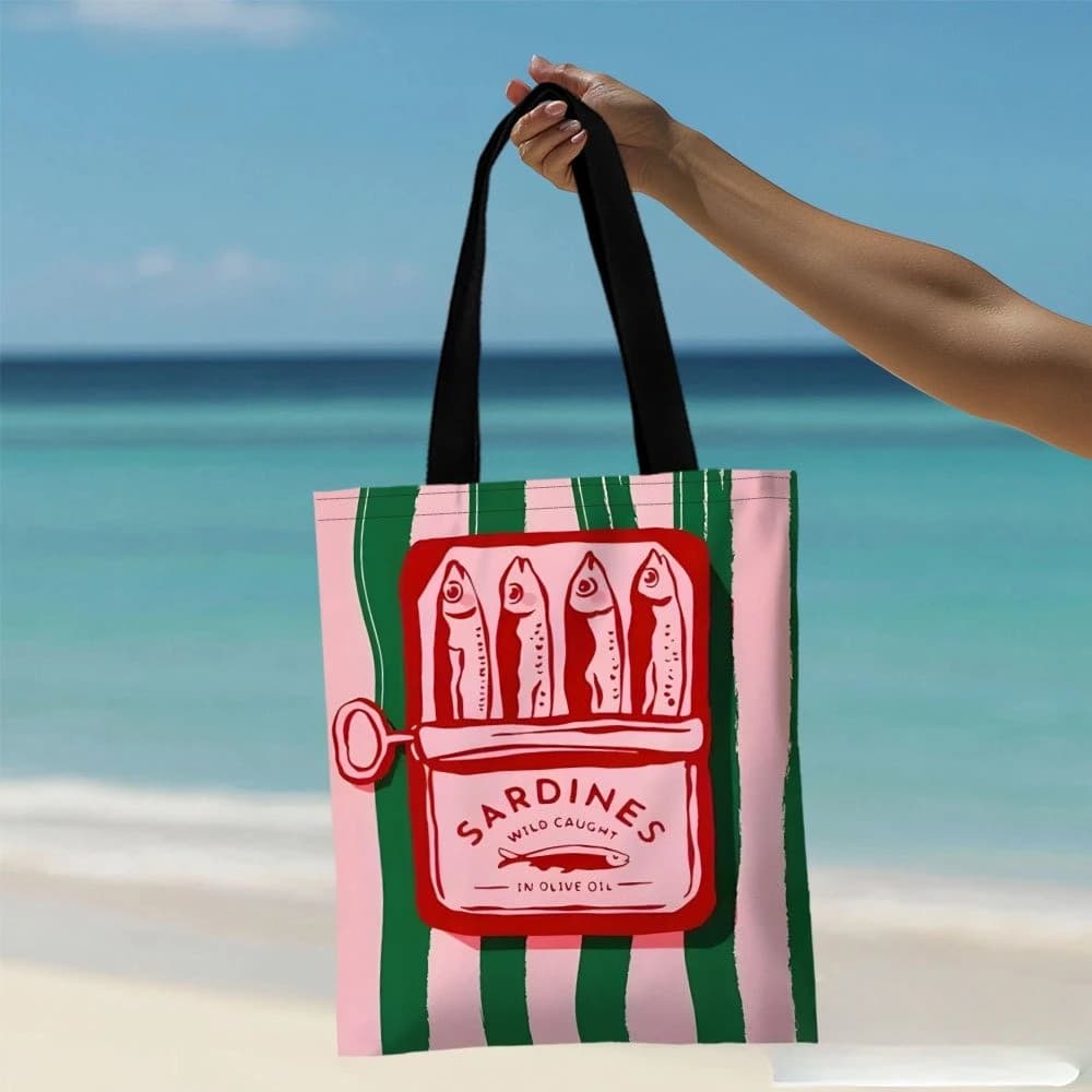 Sac fourre-tout avec illustration de canette de sardine, sac à main réutilisable et multifonctionnel