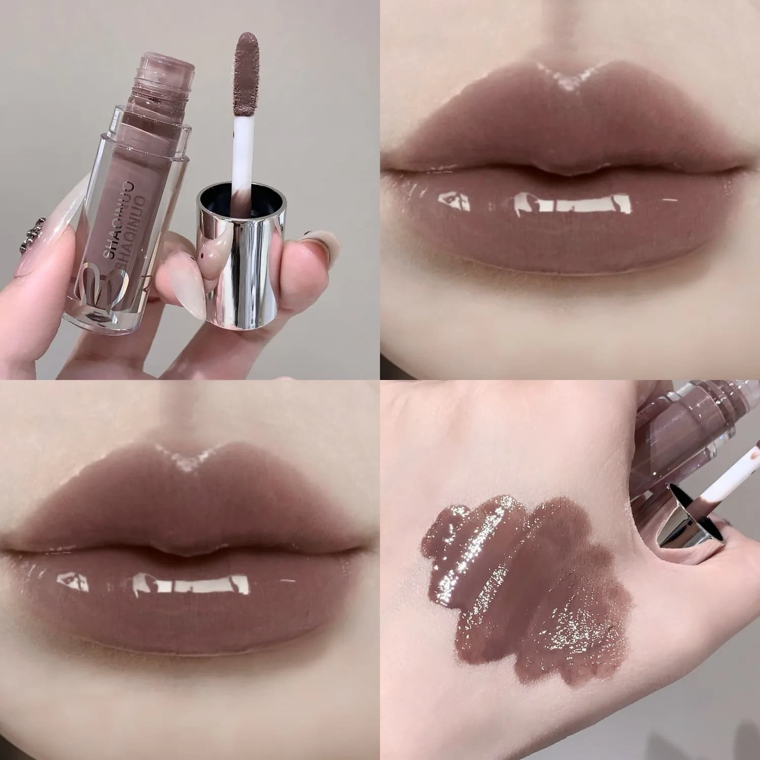 SHAQINUO eau lumière miroir brillant à lèvres hydratant durable noir froid argent gris nacré fin mou