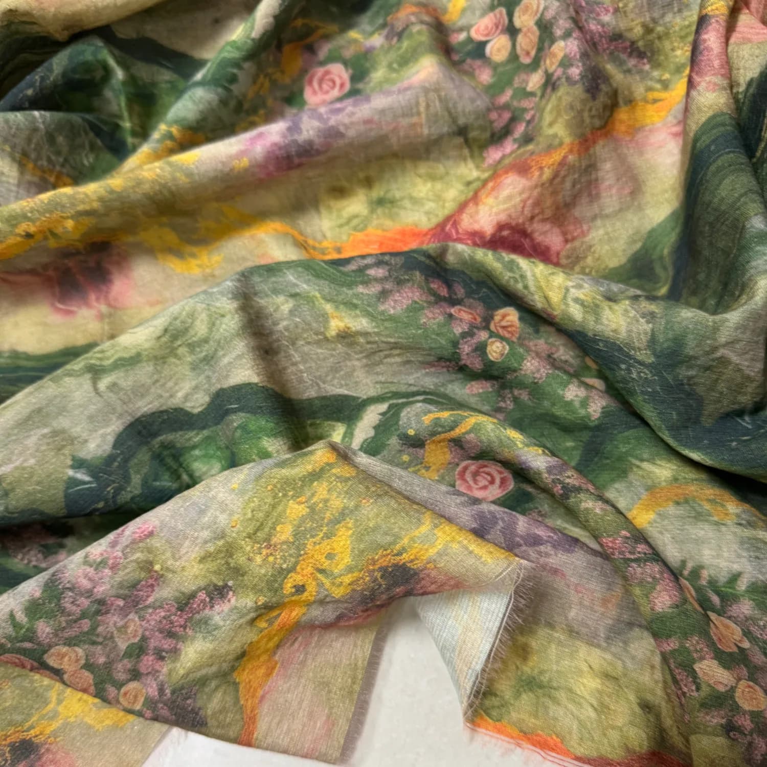 Tissu en Lyocell et Lin de 1 mètre, Motif Floral Peint à l'Huile Vintage, Doux et Soyeux, Nouveau St