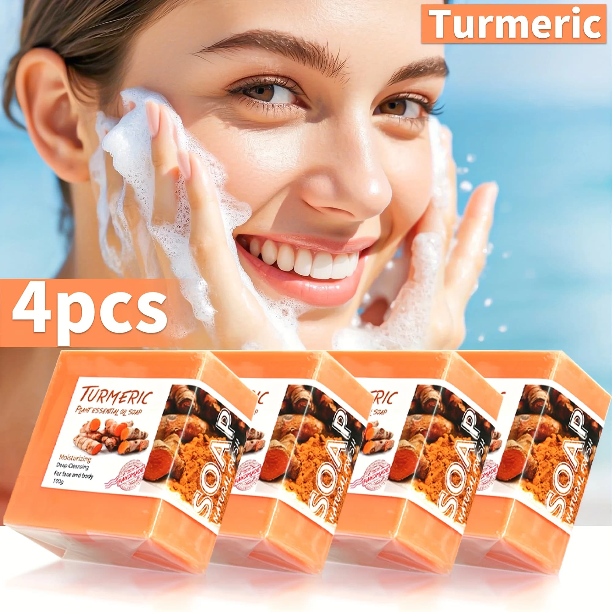 4 piece / Turmeric Cleansing Essential Oil Handmade Soap Skin Deep Cleansing Hydrating Whitening Soa