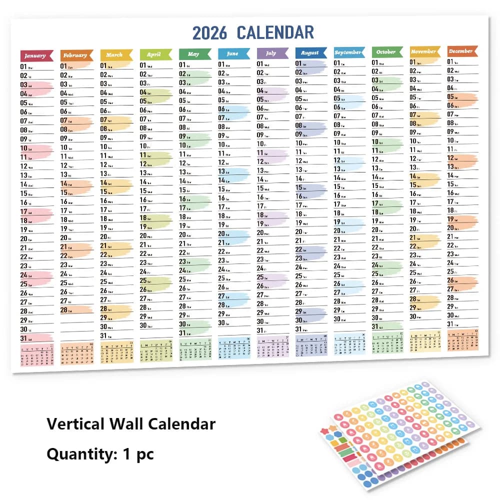 Calendrier mural en papier coloré 2026 avec autocollants, calendrier de 365 jours, planificateur de 