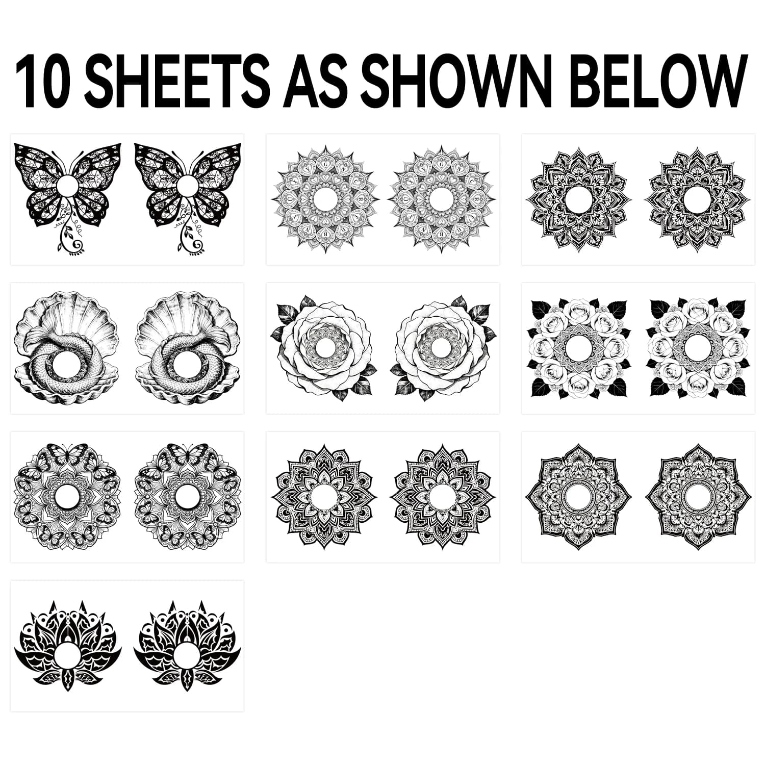 10 feuilles de tatouages sexy pour la poitrine pour adultes, tatouages mandala et papillon, autocoll